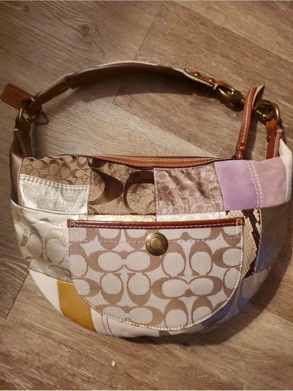 Coach Patchwork Shoulder Bag in Neutral, Pink & Mustard Accents